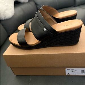 UGG Black Leather Wedge Sandals